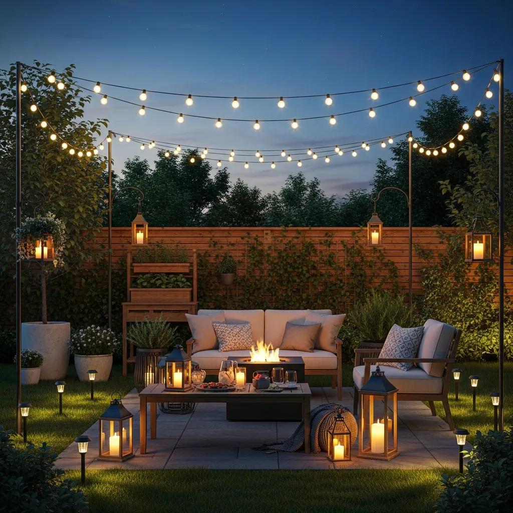 Cozy outdoor living area illuminated by various patio lighting options
