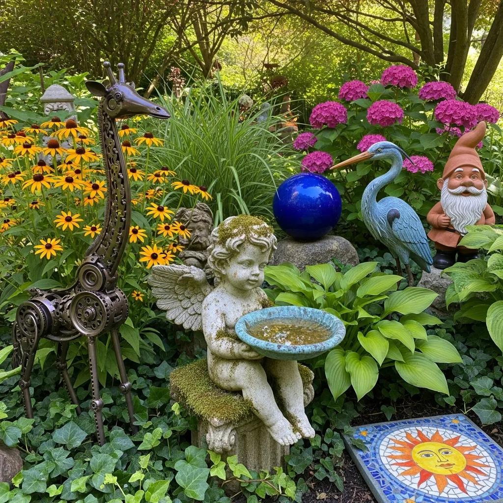 Diverse garden statues and yard art enhancing an outdoor garden setting