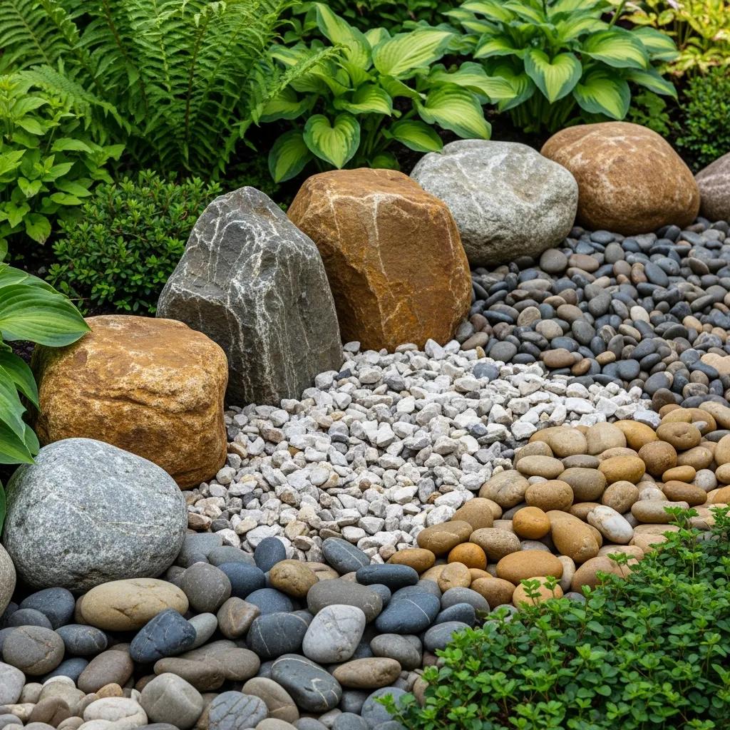 Selection of river rock, crushed rock, and landscape boulders for landscaping