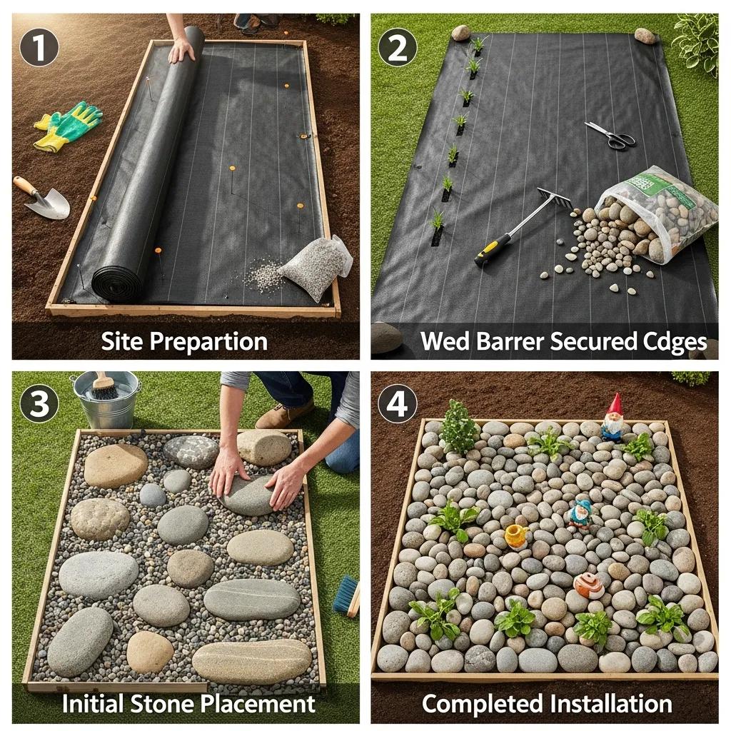 Step-by-step installation of decorative rocks in a garden