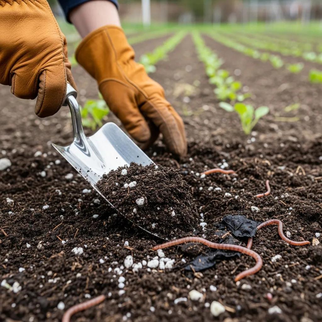 Gardener preparing rich soil with organic compost for spring planting in the Pacific Northwest