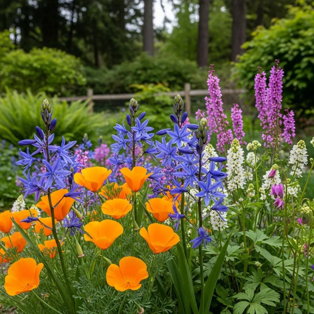Native spring flowers including California Poppy and Camas Lily thriving in a Pacific Northwest garden