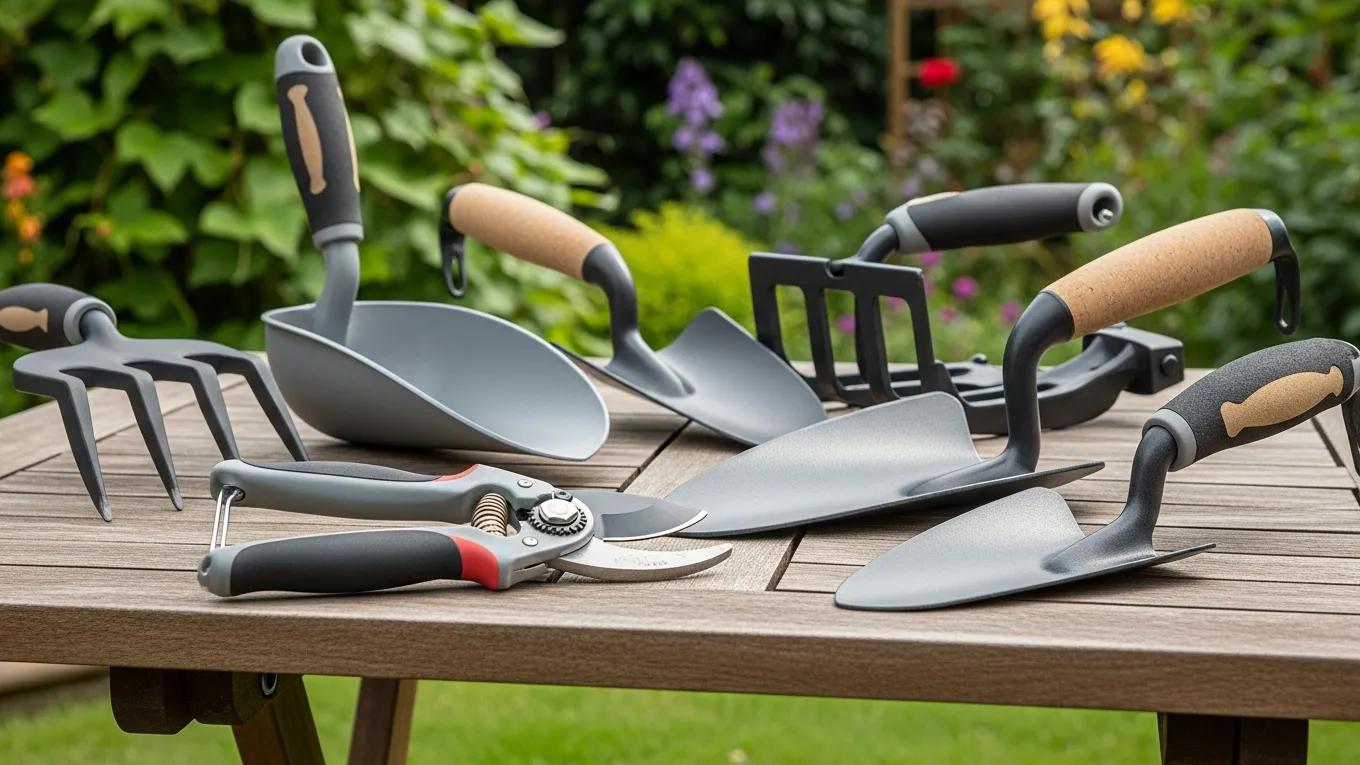 Collection of ergonomic gardening tools displayed on a garden table with flourishing plants