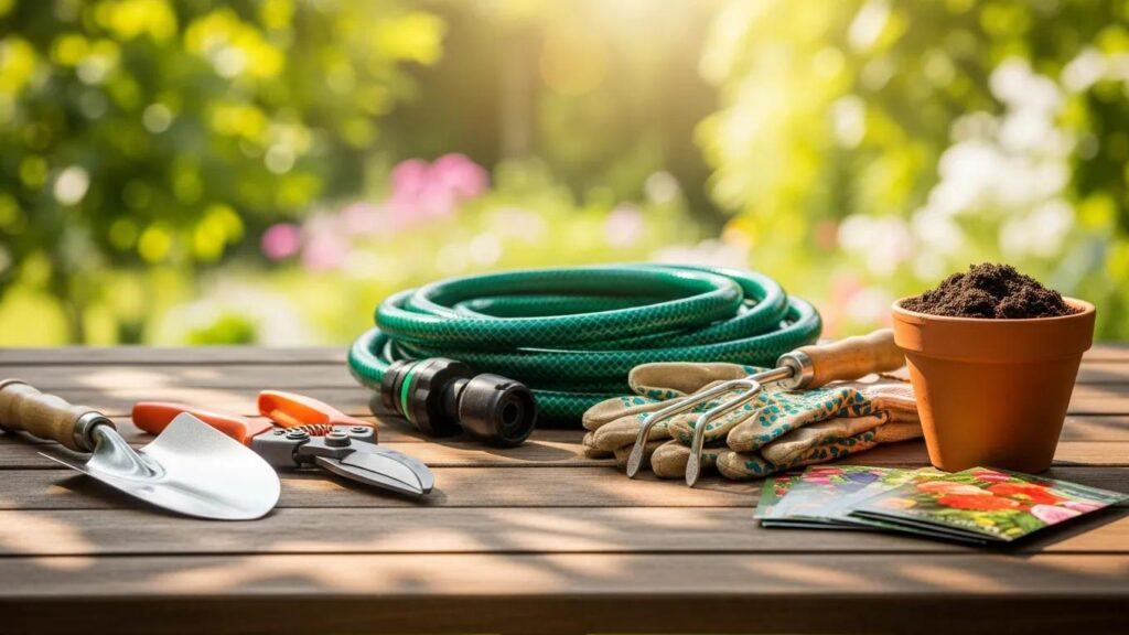Essential garden tools like trowels and pruners displayed in a sunny outdoor setting
