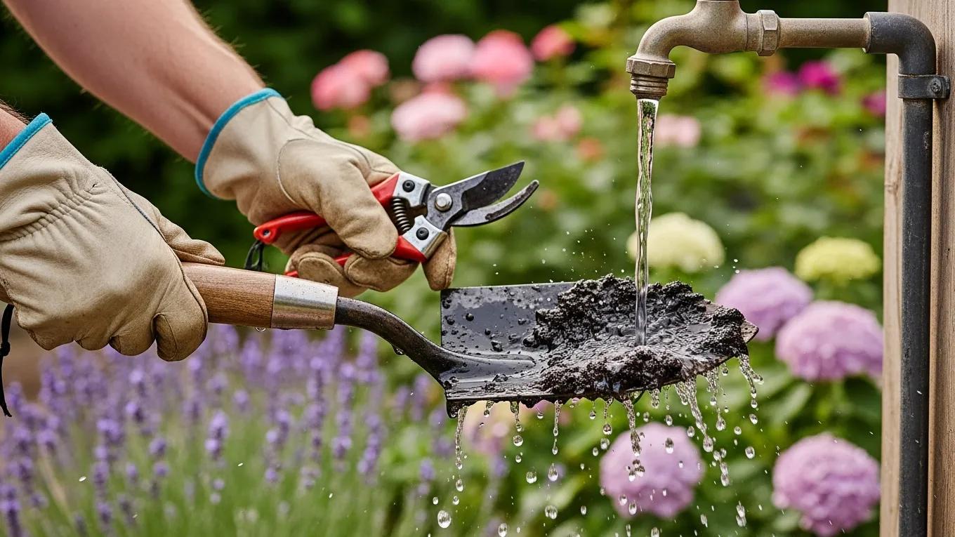 Gardener cleaning gardening tools amidst blooming plants in a serene garden environment