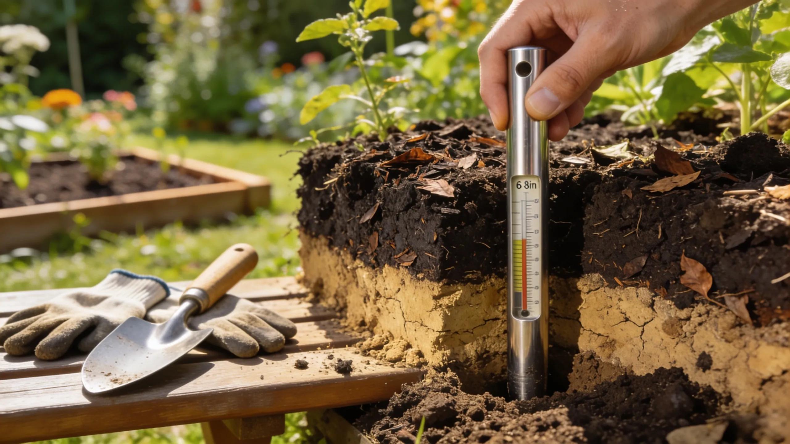 Close-up of a gardener collecting soil samples with clean tools, emphasizing best practices for reliable soil testing