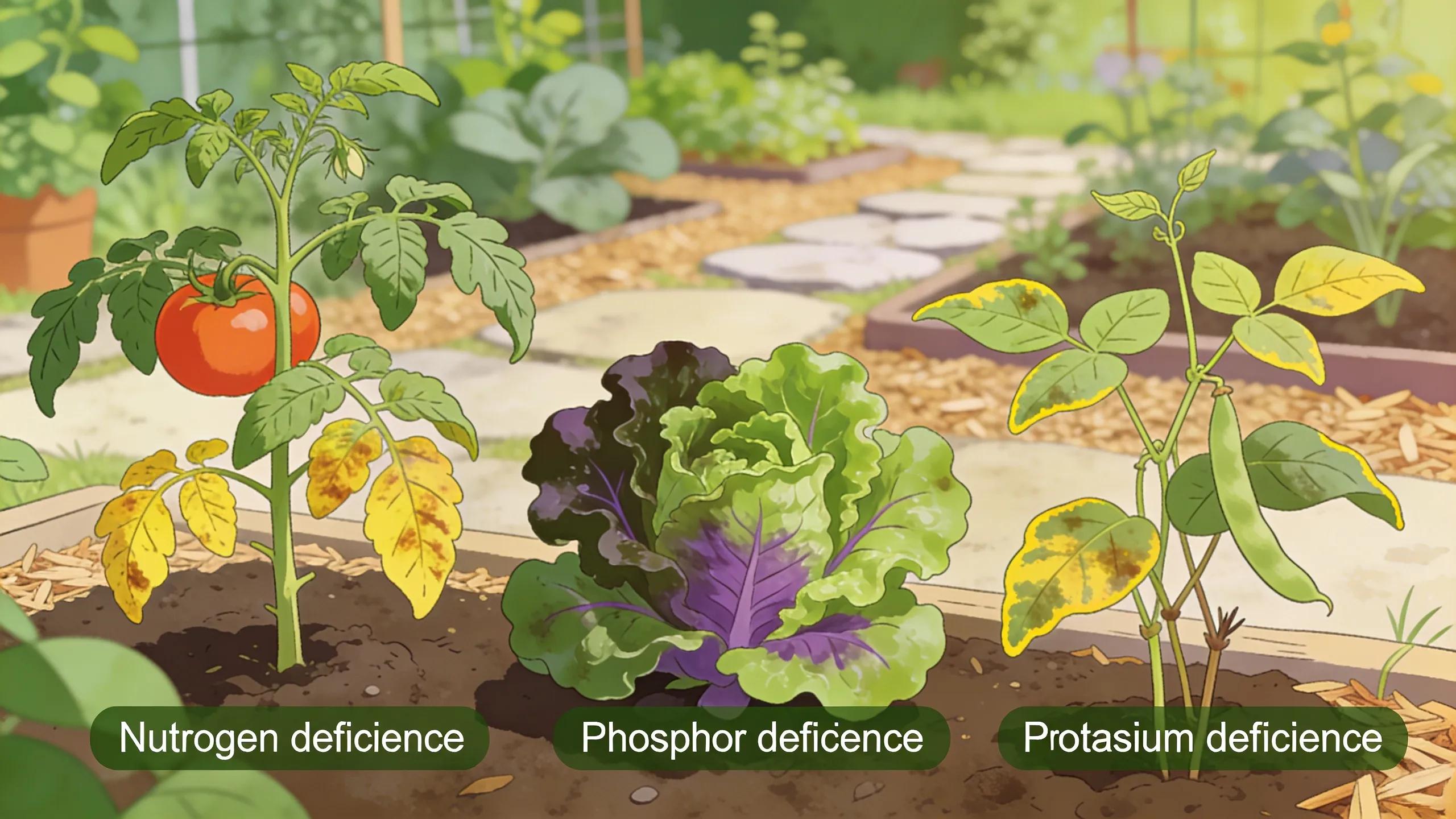 Visual representation of garden plants exhibiting signs of nutrient deficiencies, showcasing common issues gardeners may encounter