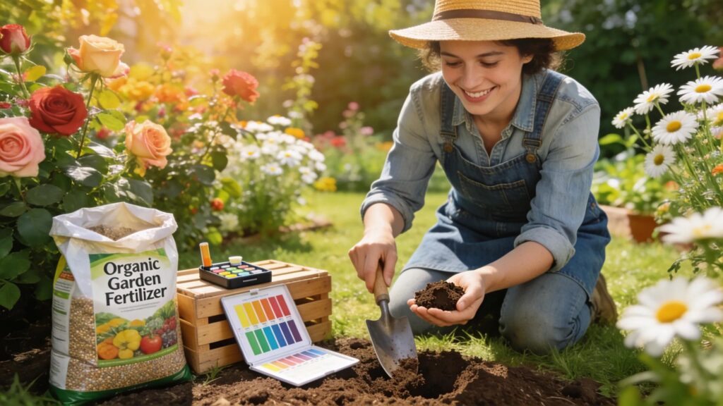 Gardener examining soil samples in a colorful garden, highlighting the importance of soil testing for plant health