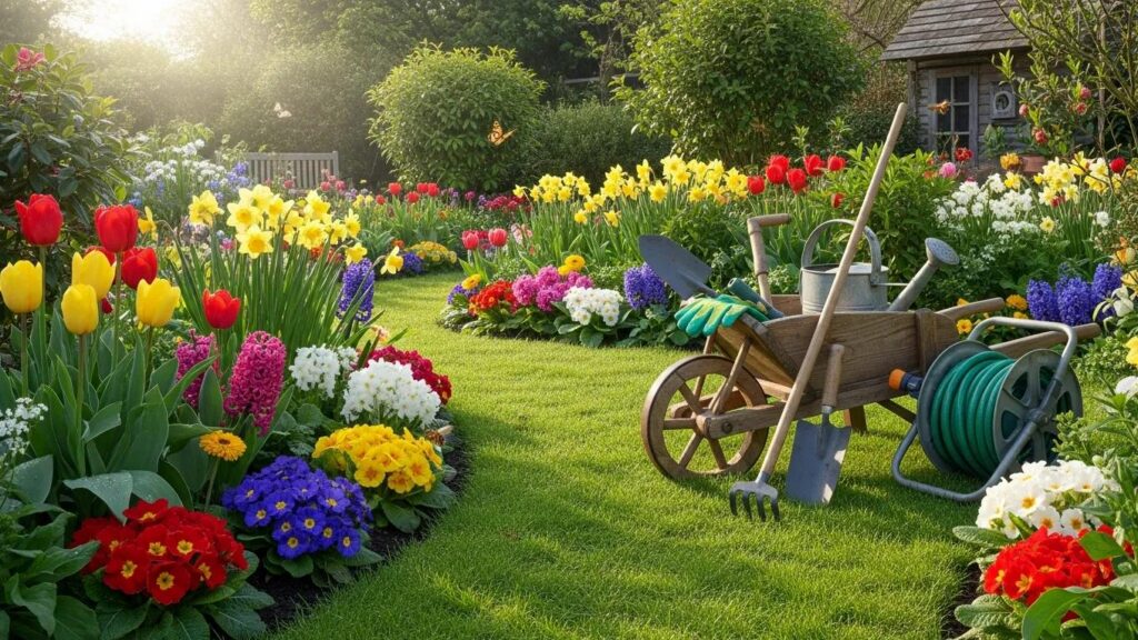 Vibrant spring garden with lush plants and gardening tools